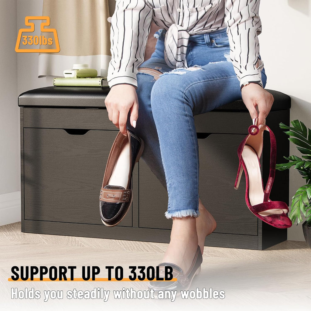 40" Shoe Storage Bench with Flip Drawers Padded Seat Cushion, Shoe Cabinet with Lift Top Storage Box, Shoe Bench Shoe Organizer for Entryway, Hallway, Living Room, Black
