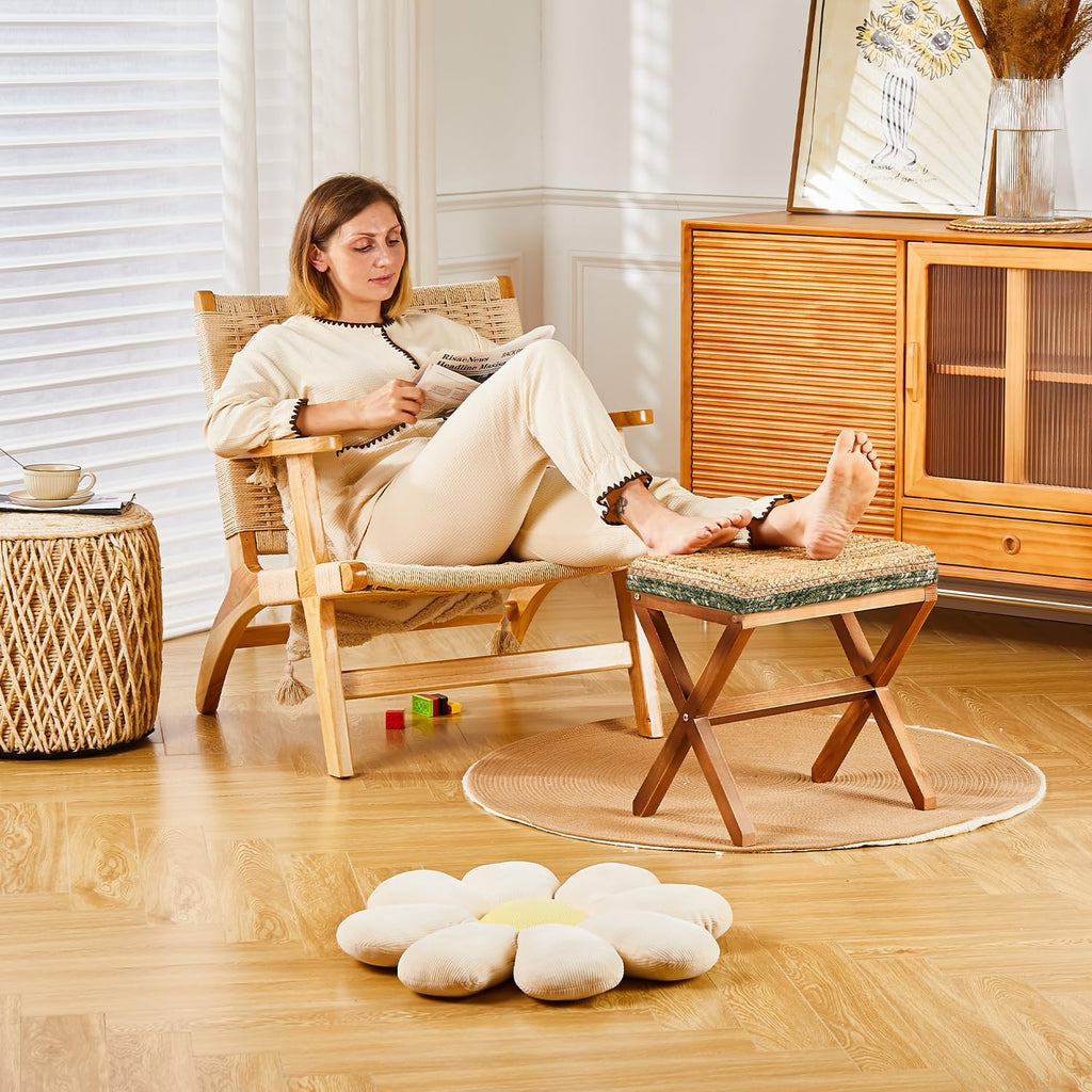 Natural Seagrass Ottoman Footstool with Solid Wood Legs – Handwoven Rectangular Foot Rest for Living Room, Patio & Balcony