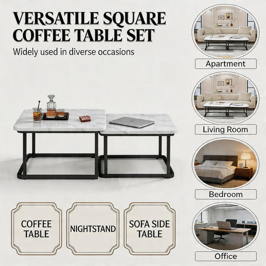 Set of 2 Nesting Coffee Tables, Space‑Saving Square Side Table Set, White | Stackable Design, Mid‑Century Modern Style, Multi‑Scene Usage, Ideal For Living Room, Bedroom And Balcony Decor