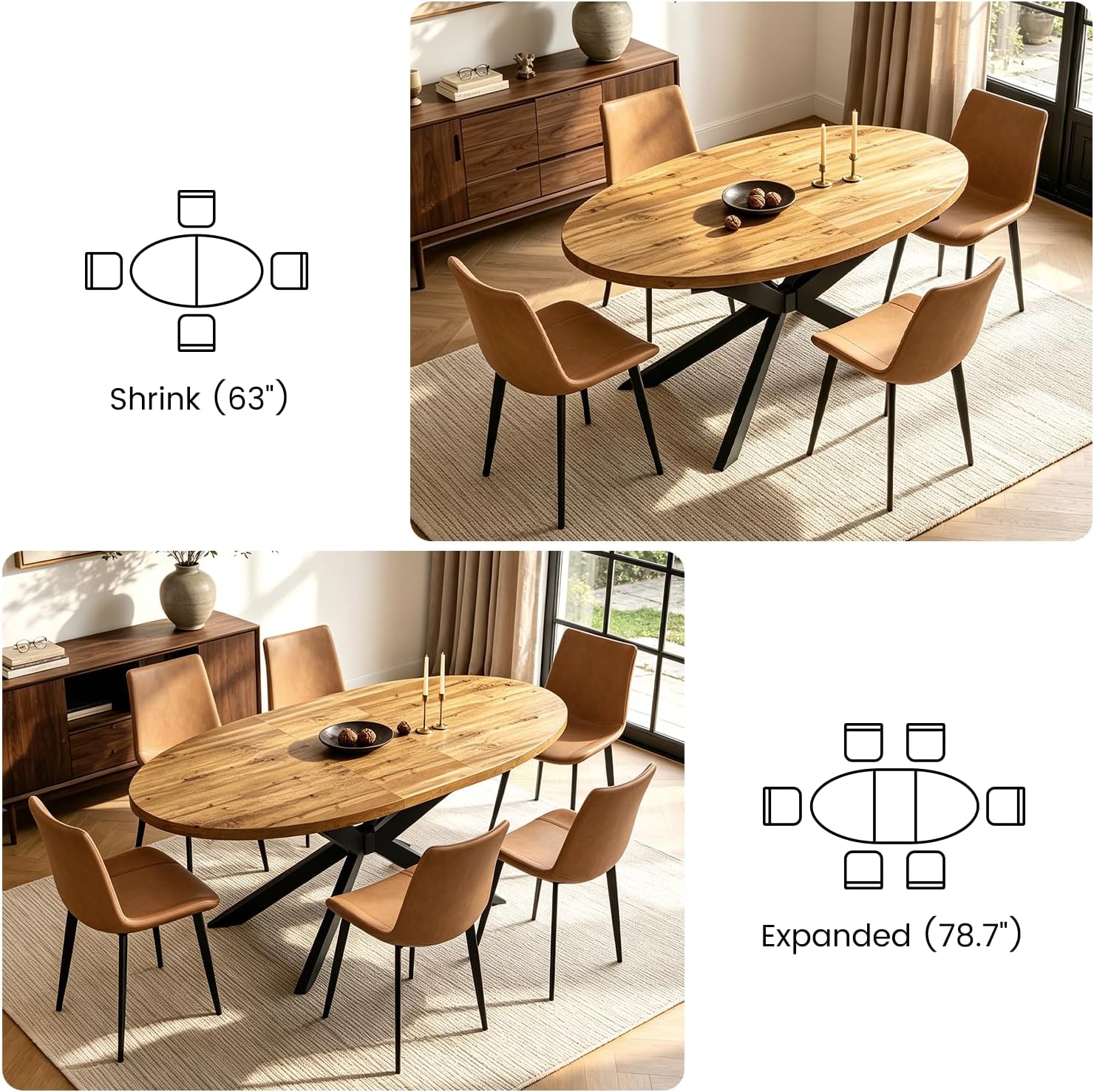 63"-78.7" Extendable Oval Dining Table Set for 4 | 5 Piece Large Round Walnut Table Set, 4 Brown PU Dining Chairs, Living Room, Kitchen, Space Saving, Mid Century Modern