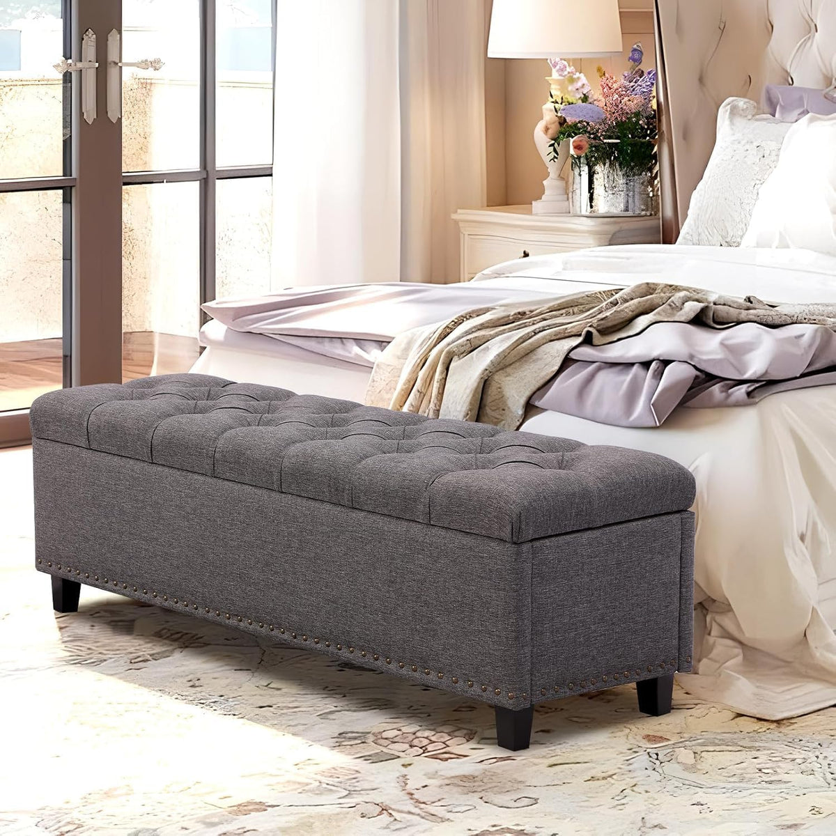 Ottoman with Storage, 51" Storage Bench Ottoman for Bedroom, End of Bed Benchs with Button-Tufted, Upholstered Rectangle Long Foot Rest Benchs for Entryway Living Room (Gray)