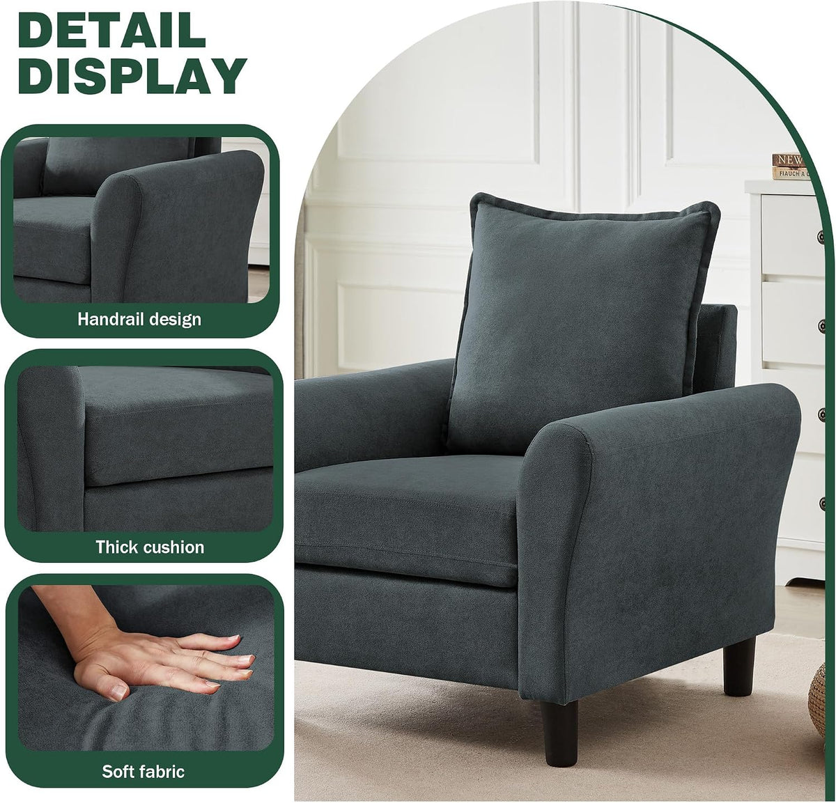 79" Convertible Sectional Sofa Set, Modern Linen Small L Shaped Couch with Reversible Ottoman and Accent Chair, 3-Seat Sofa Couches for Living Room, Office, Apartment, Dark Grey