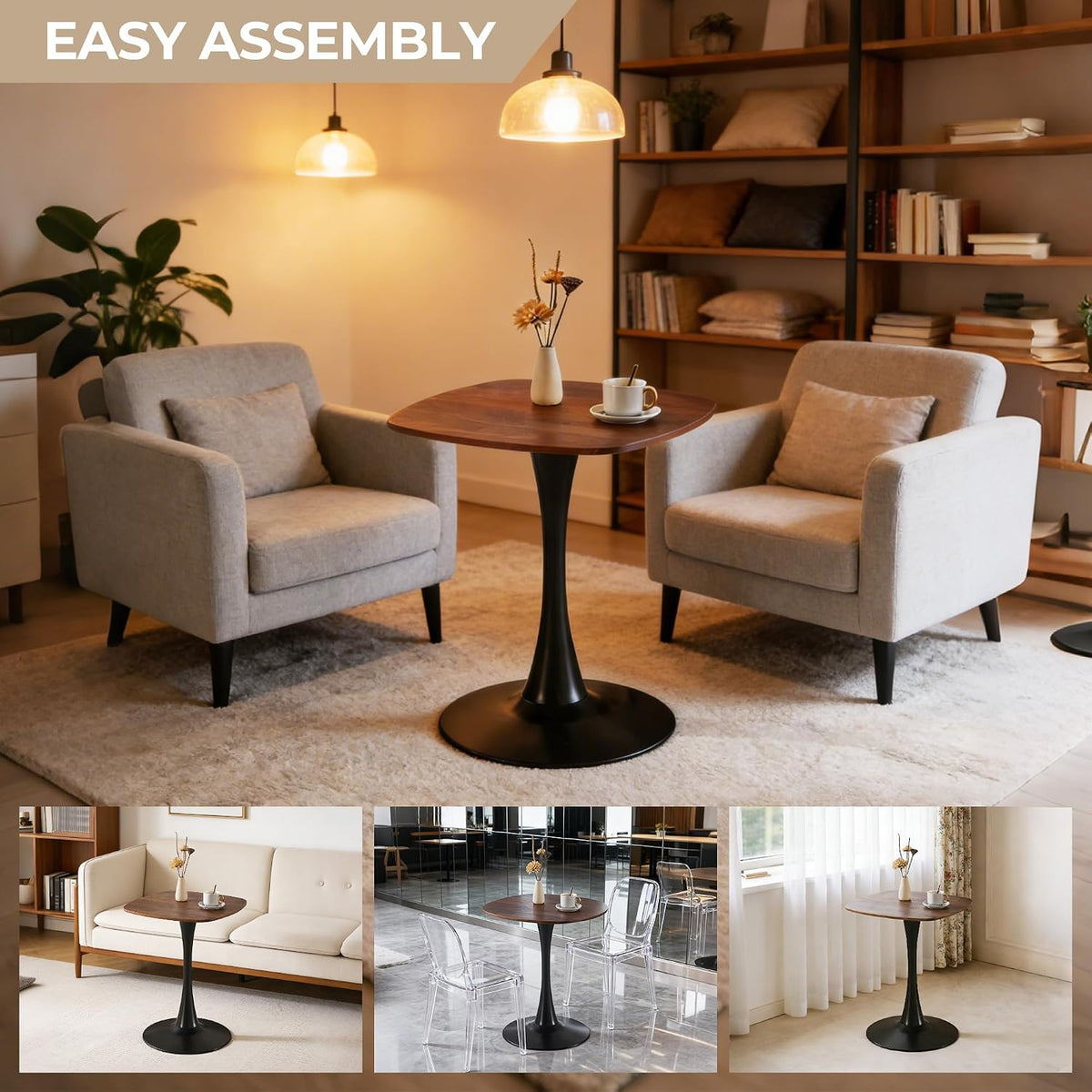 24" Square Tulip Dining Table for 2-4, Modern Kitchen Table with Pedestal Base, End Table Drink Table Small Bistro Table for Small Spaces, Apartment, Cafe, Office, Living Room (Black + Dark Walnut)