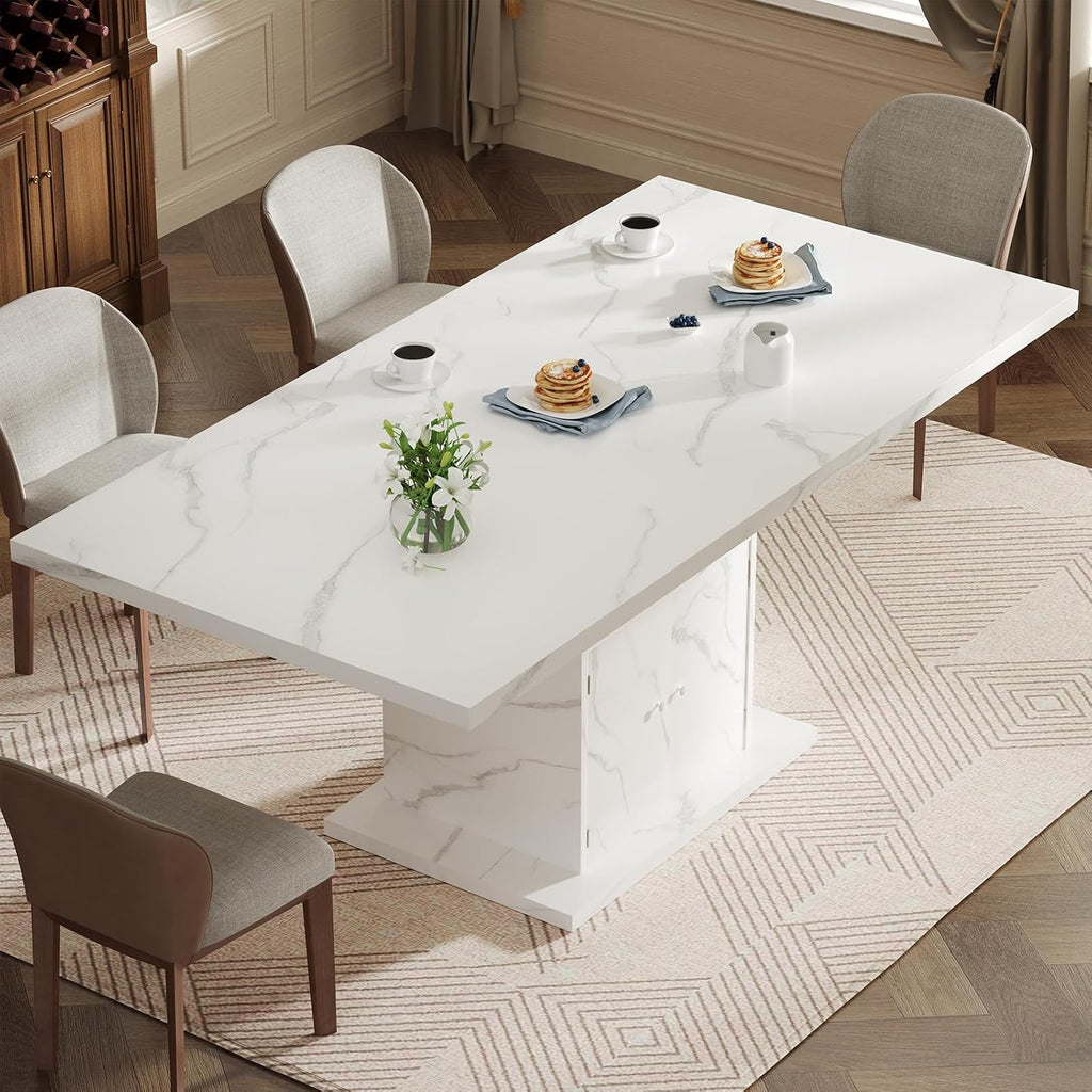 Extendable Dining Room Table for 4-6, 47-63 Inch Faux Marble Extendable Dining Table, Modern Expandable Rectangle Kitchen Dining Table with Storage for Kitchen Living Room