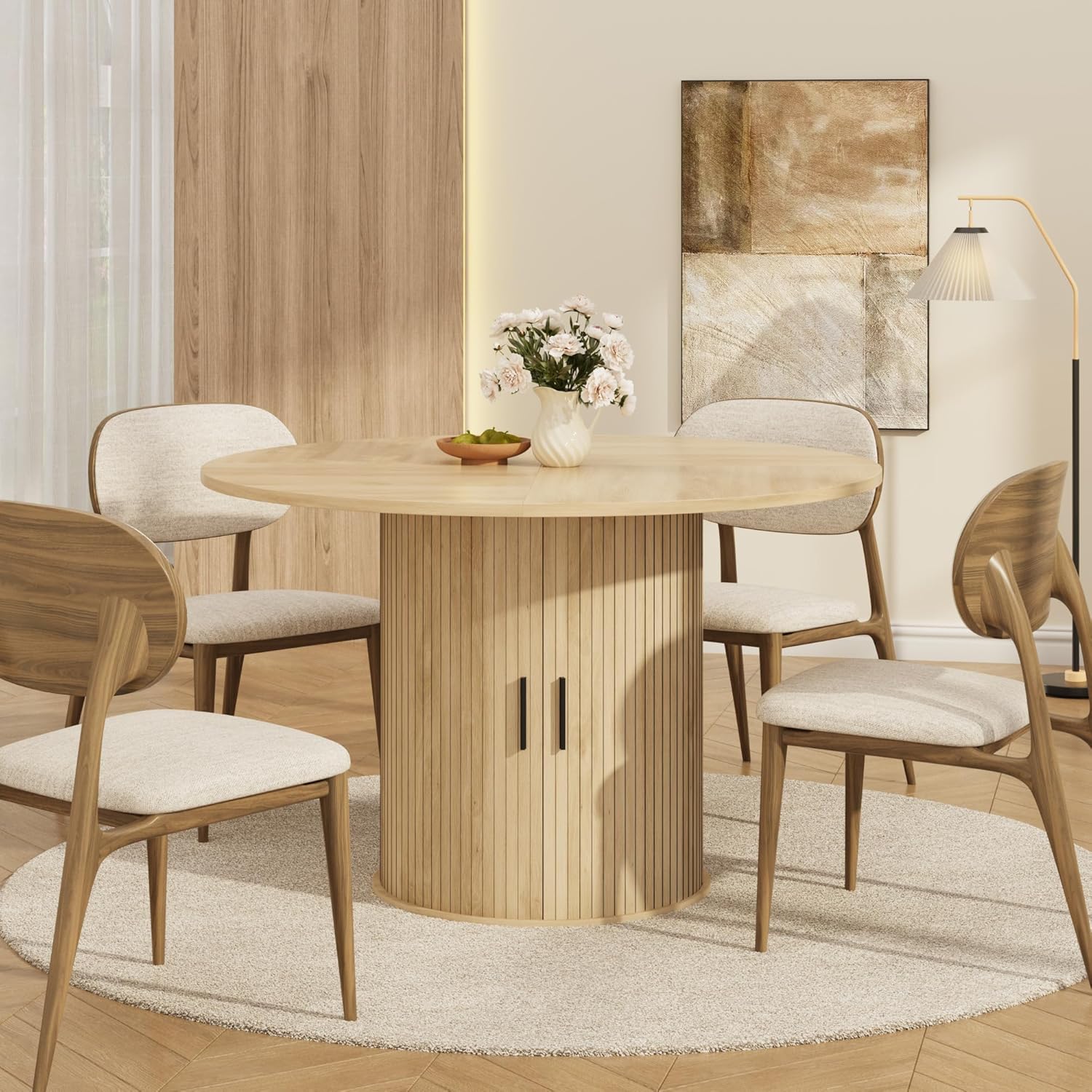 IDEALHOUSE 47 Inch Round Dining Table for 4, Natural Oak | Farmhouse Kitchen Table, 2-Layer Storage Shelf, Wood Slide Door, Space Saving