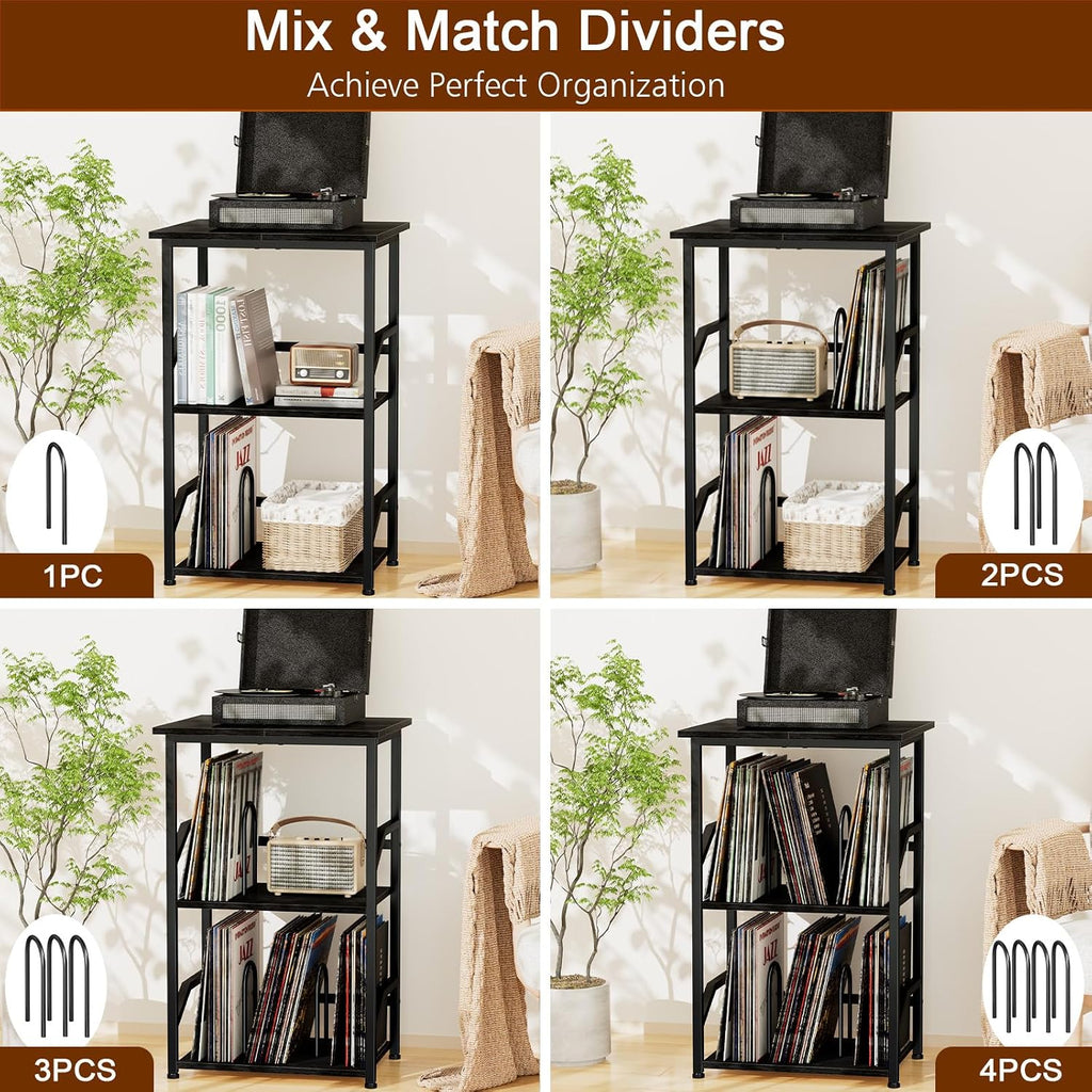 LOAKEKEL Record Player Stand, Large Vinyl Record Storage Up to 200 Albums | 3 Tier End Table with Removable Dividers, Turntable Stand for Player, Tall Side Table for Living Room, Bedroom, Black