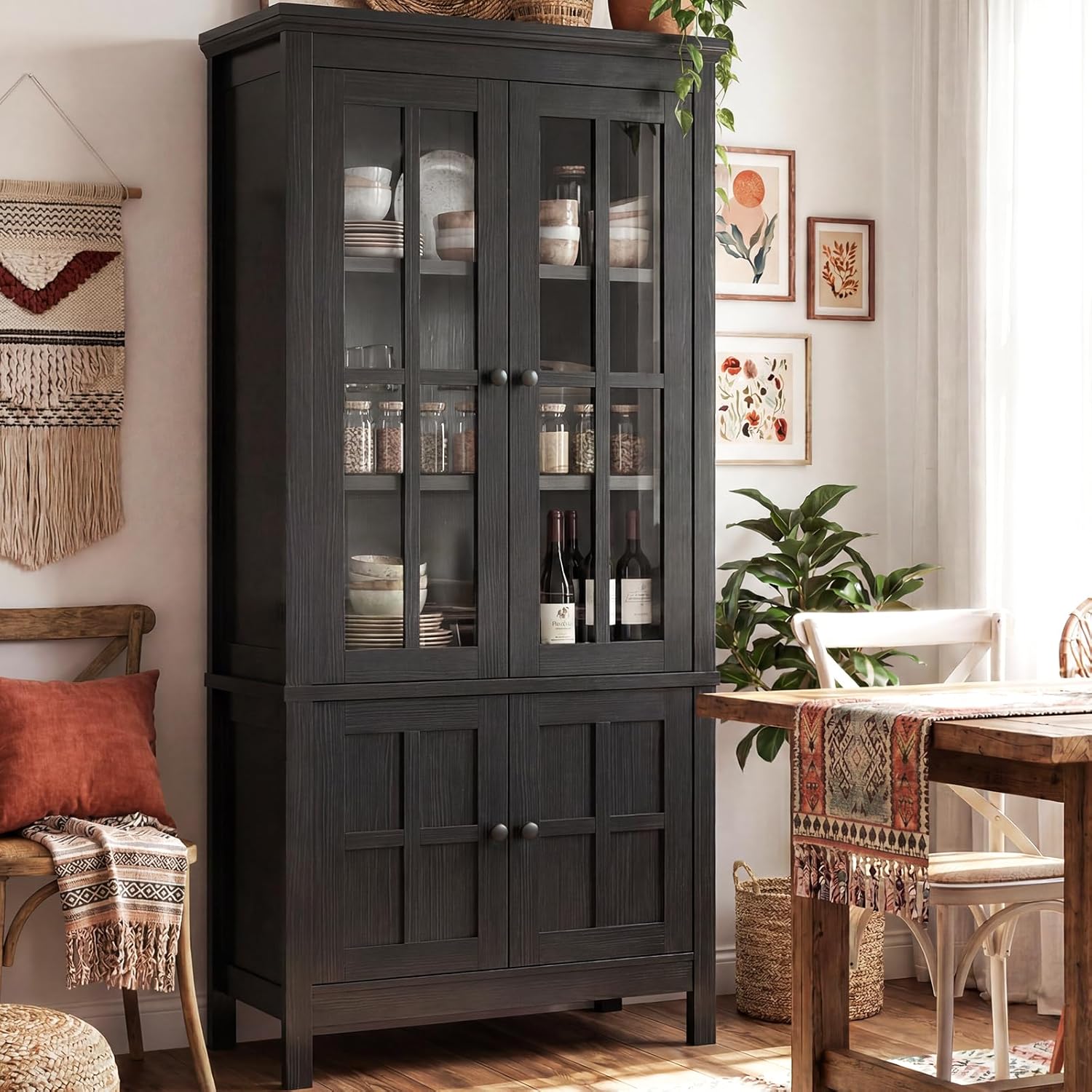 Farmhouse 63" Kitchen Pantry Storage Cabinet with Glass Doors & Hidden Storage, Display Kitchen Hutch Cupboard with Adjustable Shelves for Dining Room, Living Room Home Office