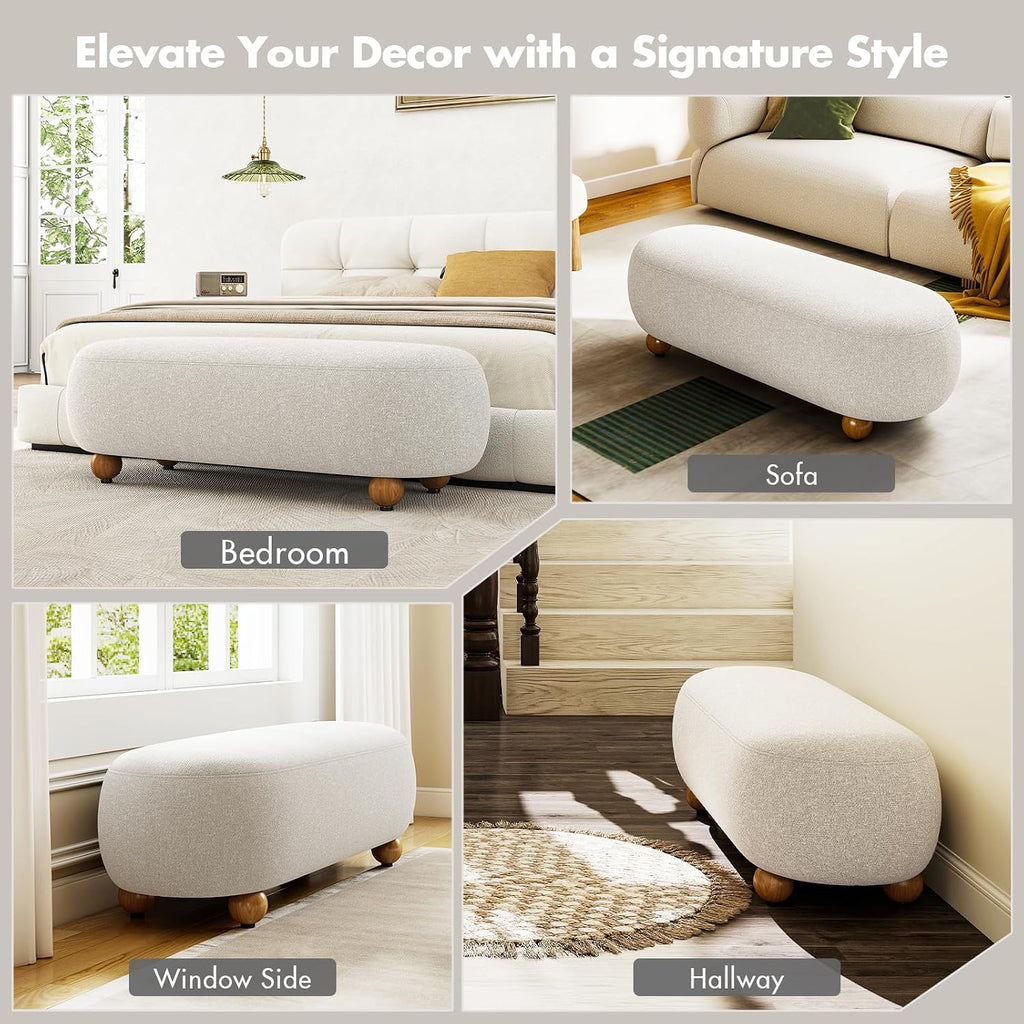 Hyfirm 54" End of Bed Bench, Upholstered Bedroom Ottoman Bench with Solid Wood Round Legs, Modern Oval Bench for Queen & King Beds, Entryway, Living Room, Hallway, Beige Linen Seat