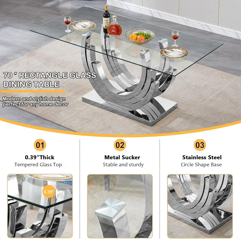 7 Piece Dining Table Set with 6 Beige Dining Chairs, Modern Glass Kitchen Table and Chairs Set for 6, 70" Rectangle Silver Glass Pedestal Dining Room Tables with Ring-Shape Stainless Steel Base