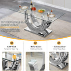 7 Piece Dining Table Set with 6 Beige Dining Chairs, Modern Glass Kitchen Table and Chairs Set for 6, 70" Rectangle Silver Glass Pedestal Dining Room Tables with Ring-Shape Stainless Steel Base