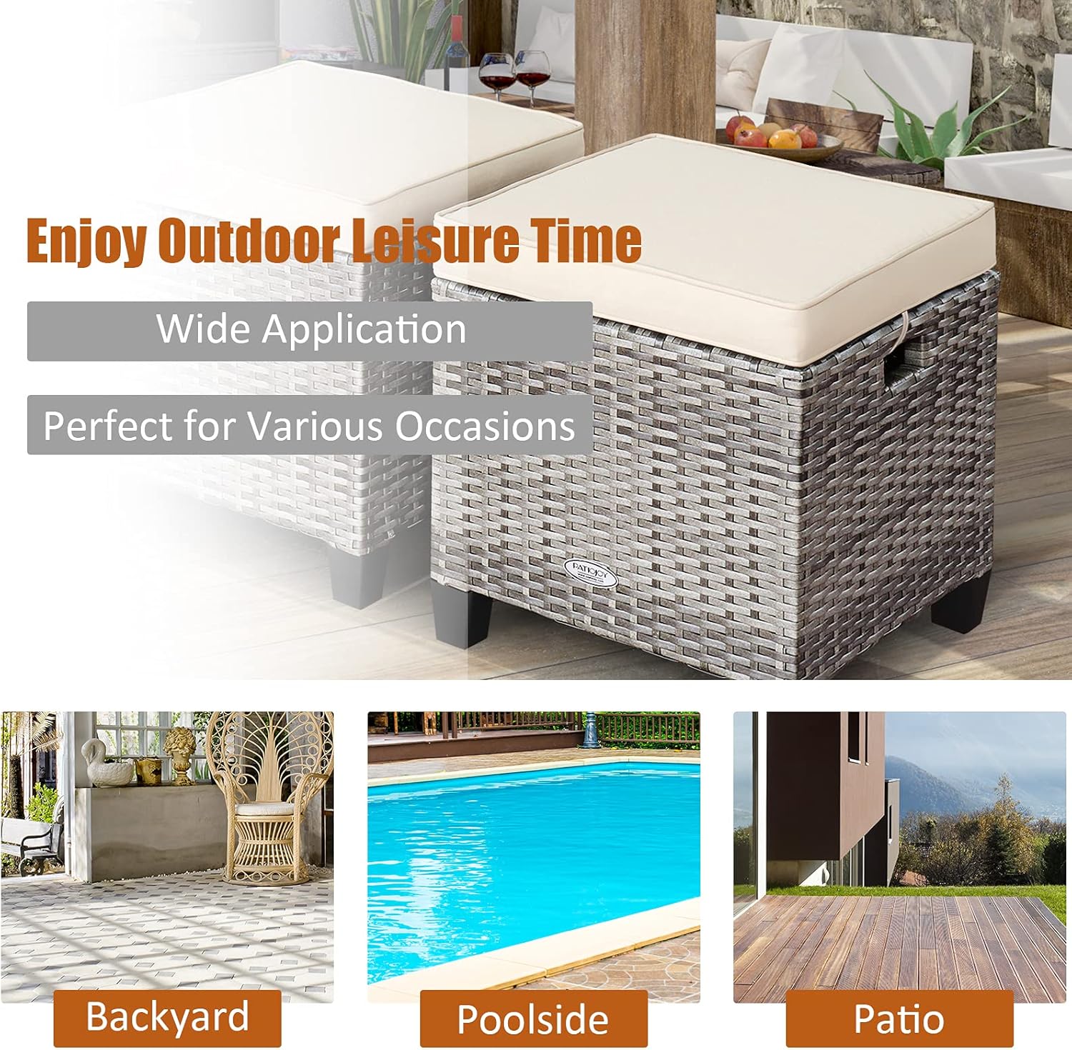LDAILY Moccha 2 Pieces Patio Outdoor Ottoman, All Weather Rattan Patio Ottoman Set w/Removable Cushions, Footrest Seat Outdoor Footstool (Mix Grey + White)