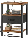 SUPERJARE Nightstand with Charging Station, Bed Side Table with Adjustable Fabric Drawer, Night Stand for Bedroom, 3-Tier Storage End Table, for Living Room, Rustic Brown and Black