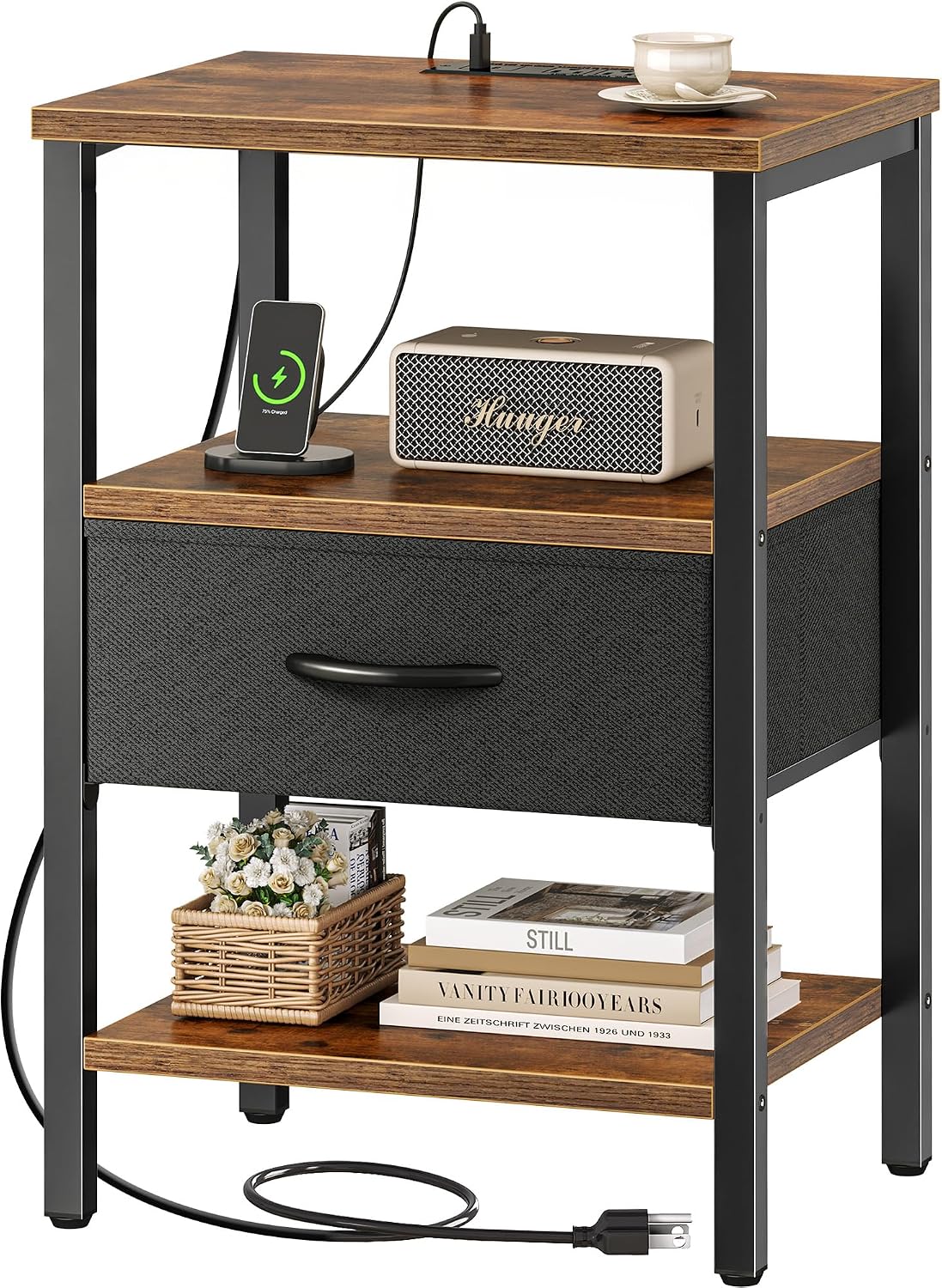 SUPERJARE Nightstand with Charging Station, Bed Side Table with Adjustable Fabric Drawer, Night Stand for Bedroom, 3-Tier Storage End Table, for Living Room, Rustic Brown and Black