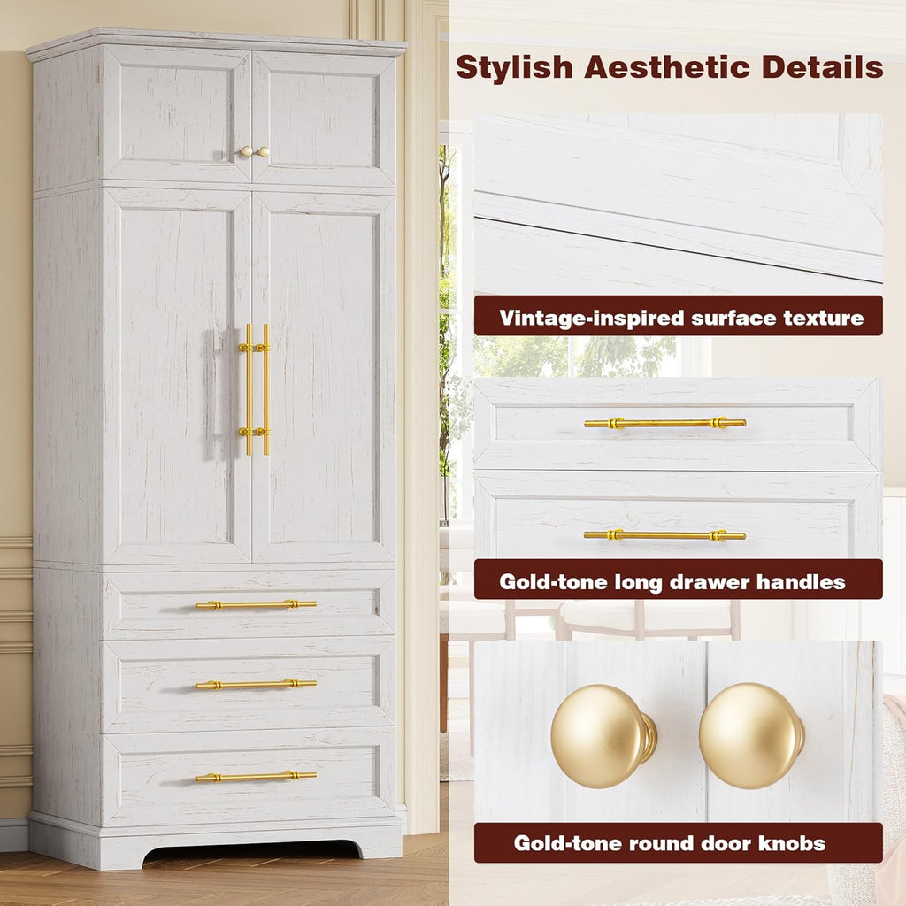 78.2" Tall Kitchen Pantry, Mid-Century Modern Storage Cabinet with 3 Drawers, Freestanding Pantry Cabinets with 4 Doors & Adjustable Shelves, Versatile Cupboard for Dining & Living Room,White