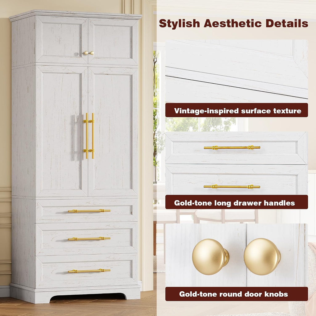 LUMISOL Kitchen Pantry Cabinet with Drawers, 78.2" Tall Cupboard Storage Cabinet with 3 Adjustable Shelves, Farmhouse Kitchen Hutch with 8 Door Shelves for Dining Room Living Room, Retro White