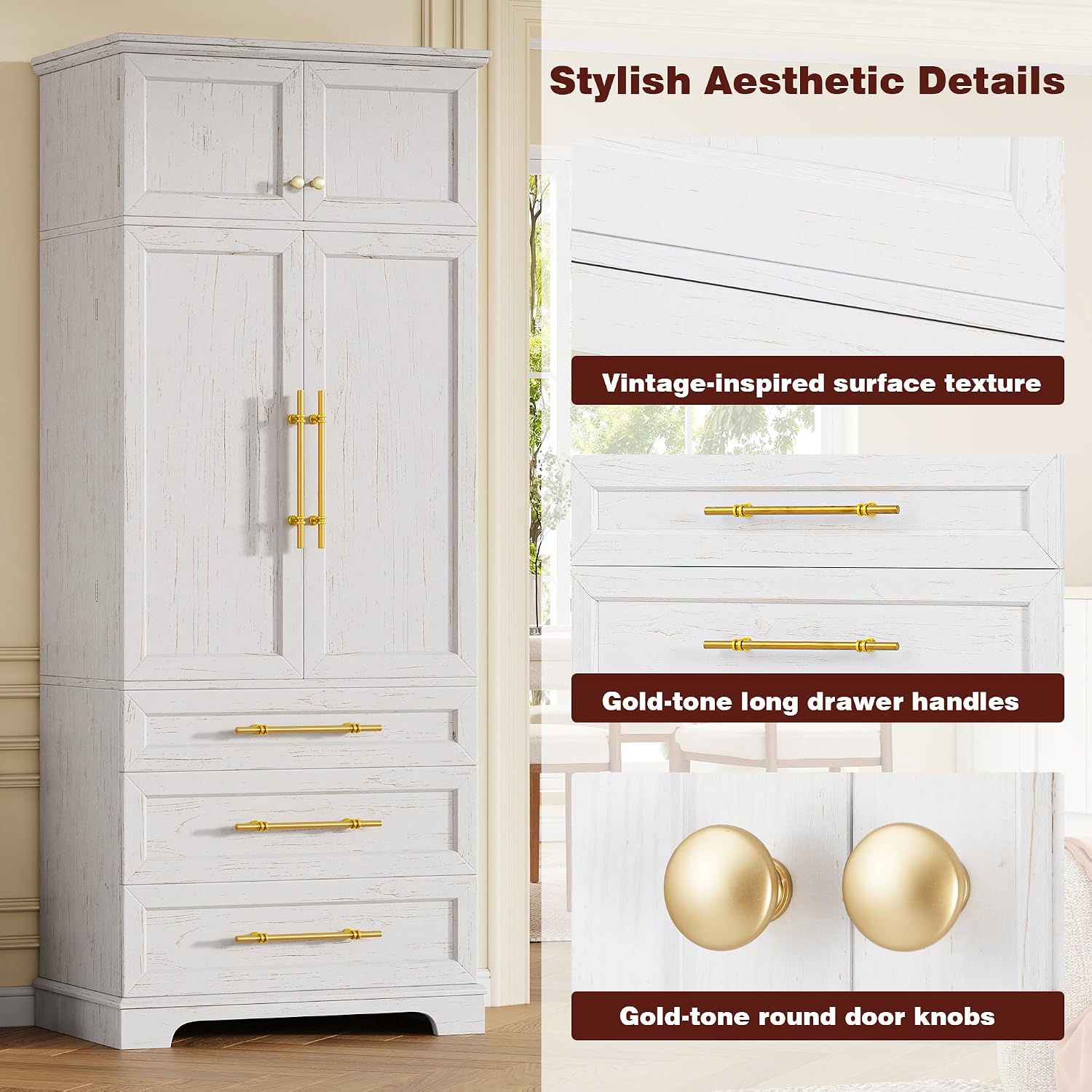 LUMISOL Kitchen Pantry Cabinet with Drawers, 78.2" Tall Cupboard Storage Cabinet with 3 Adjustable Shelves, Farmhouse Kitchen Hutch with 8 Door Shelves for Dining Room Living Room, Retro White