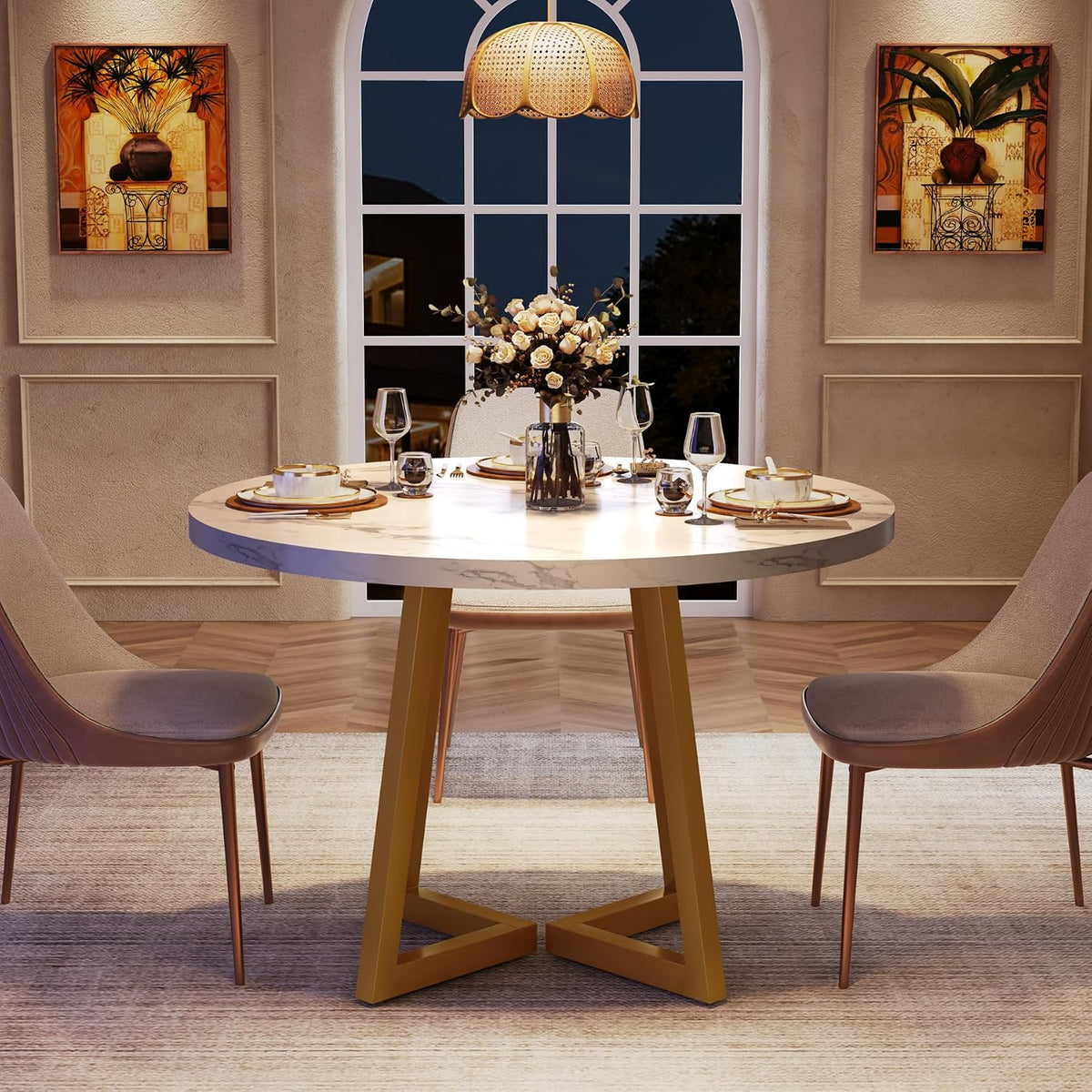 Tribesigns Round Dining Table for 2, 31.5" Modern Kitchen Table with Metal Base, Small Table for Dining Room, Small Space, Apartment, Office, Restaurant, White & Gold