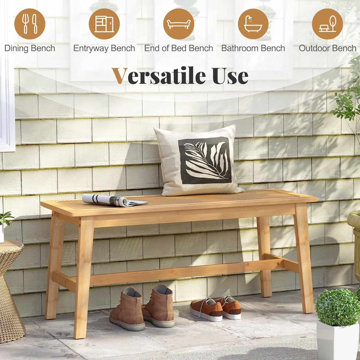 Giantex 39.5" Bamboo Dining Bench with Handwoven Rattan Seat, 600lbs Capacity, Shoe Ottoman, Kitchen Table Bench for Indoor Outdoor, Bedroom, Bathroom, Front Door, End of Bed, Entryway (Natural)