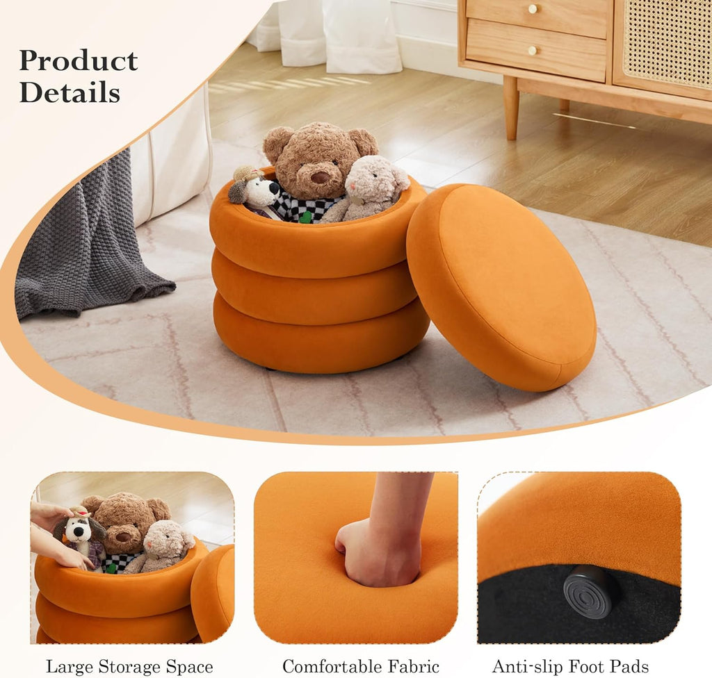 19.5 Inch Round Storage Ottoman, Modern Velvet Ottoman Coffee Table with Removable Top, Orange Vanity Stool with Storage for Bedroom, Living Room, Dorm, Set of 2