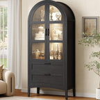 ONBRILL 71" Tall Arched Display Cabinet with LED Lights, Arched Kitchen Pantry with 2 Drawers, Modern Display Storage Cabinets with Adjustable Feet, Pantry Cabinet for Kitchen, Living/Dining Room