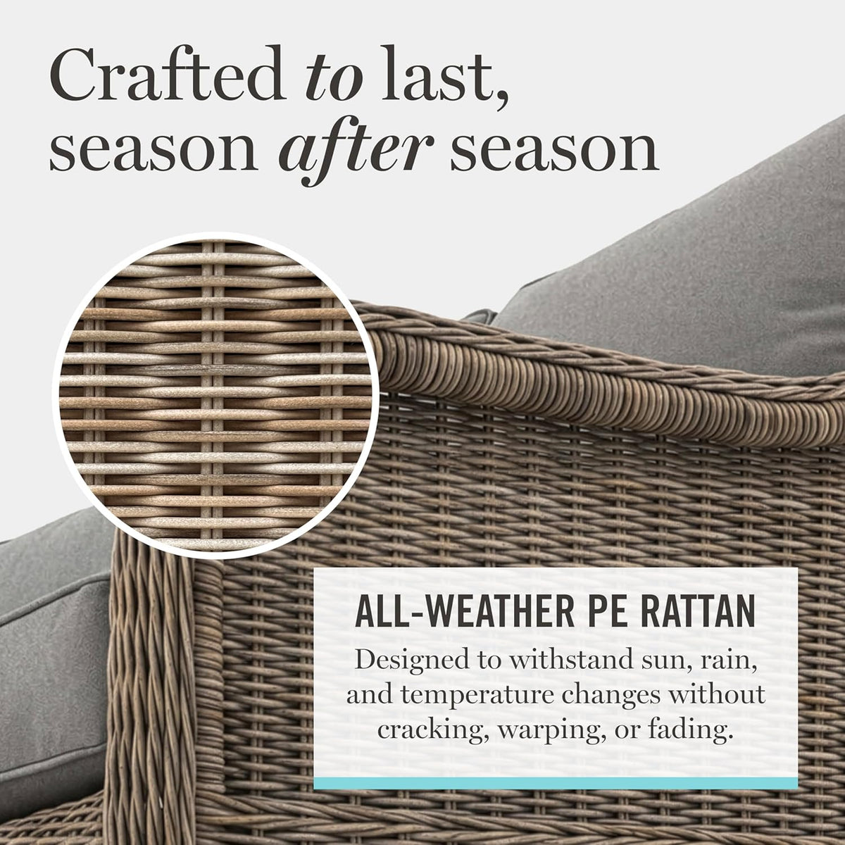 Martha Stewart Lily Pond Rattan Wicker Indoor-Outdoor Patio Ottoman in Weathered Gray with 4" Gray Olefin Cushion, Steel Frame and Zippered Removable Cushion Cover