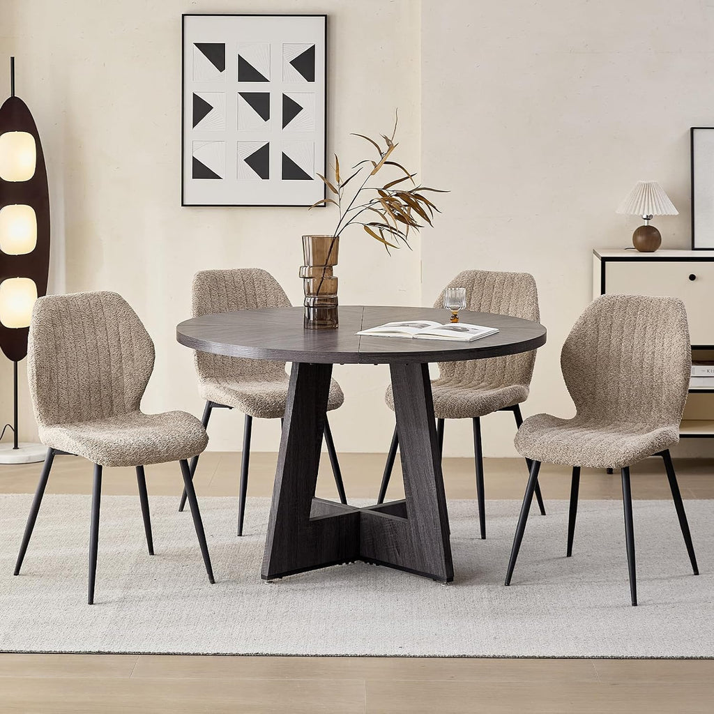 Modern Minimalist Dining Chairs Set of 4, Boucle Fabric, Brown | Thick High-Density Resilient Foam Cushion, Sturdy Metal Frame; Non-Slip Foot Caps Protect Floors, Perfect For Dining Room