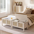 SICOTAS Rattan Shoe Rack Bench with Lift Top Storage: White Farmhouse Boho Shoe Cabinet Entryway Bench with Safety Hinges, Wooden Storage Chest for Bedroom, Entryway, Hallway, Living Room