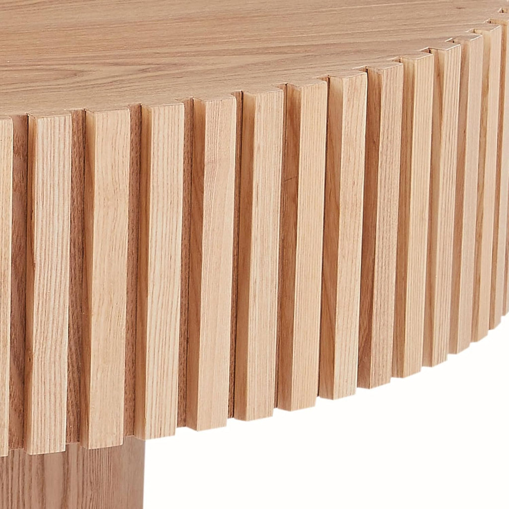 Round Coffee Table with Fluted Design, Wood Oak