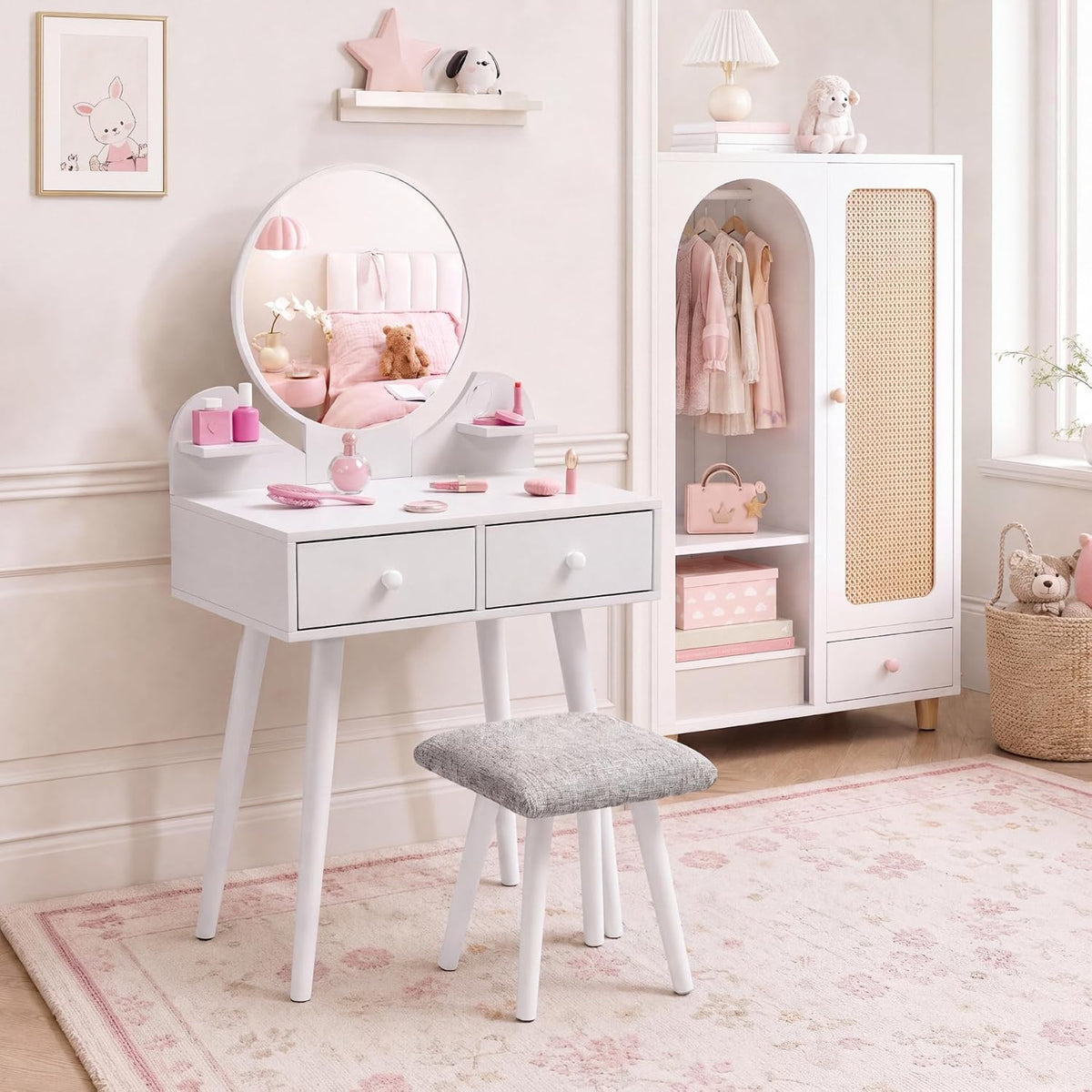 Arlopu Kids Vanity Table and Chair Set, 2 in 1 Girls Makeup Dressing Desk | with Detachable Large Mirror and Stool, Drawers, Shelves, Princess Wooden Pretend Play Toys for Little Girls (White)