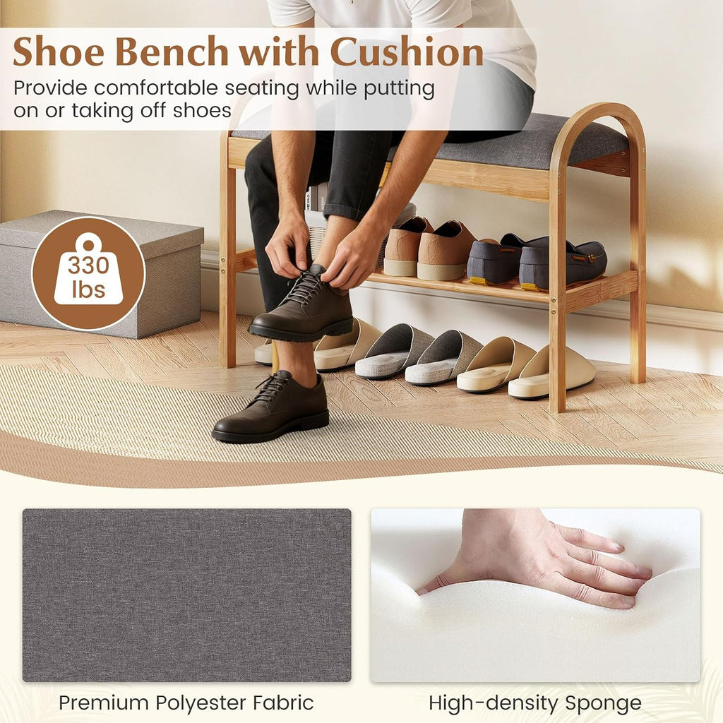 Giantex Shoe Rack Bench, Bamboo 2-Tier Entryway Bench with Padded Cushion, Shoe Storage Bench for Hallway, Closet, Foyer, Living Room, Bedroom, Mudroom