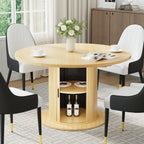 47"-63" Extendable Round-to-Oval Dining Table with Double-Layer Hidden Storage, Fluted Cylindrical Base and Sliding Doors, Modern Farmhouse Kitchen Table for Dining Room or Office, Oak