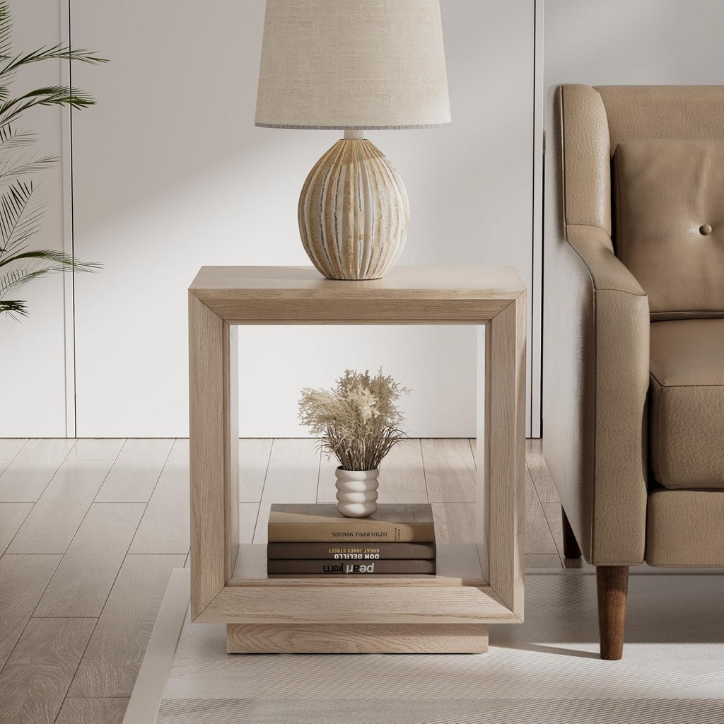 COZAYH Farmhouse End Table, Open Cube Accent Table with Geometric Frame, Modern Minimalist Side Table, Light Grey