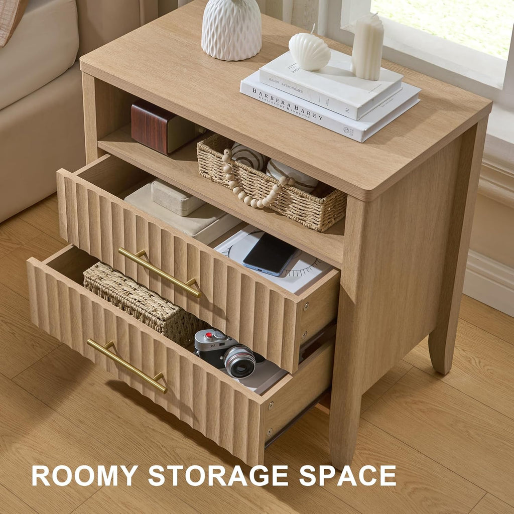 Fluted Nightstand with 2 Drawers, 27" Modern Nightstands Set of 2 with Storage, Large Queen Size Bed Side Table and End Table for Bedroom, Living Room, Office,(Natural Oak,2 Pieces)