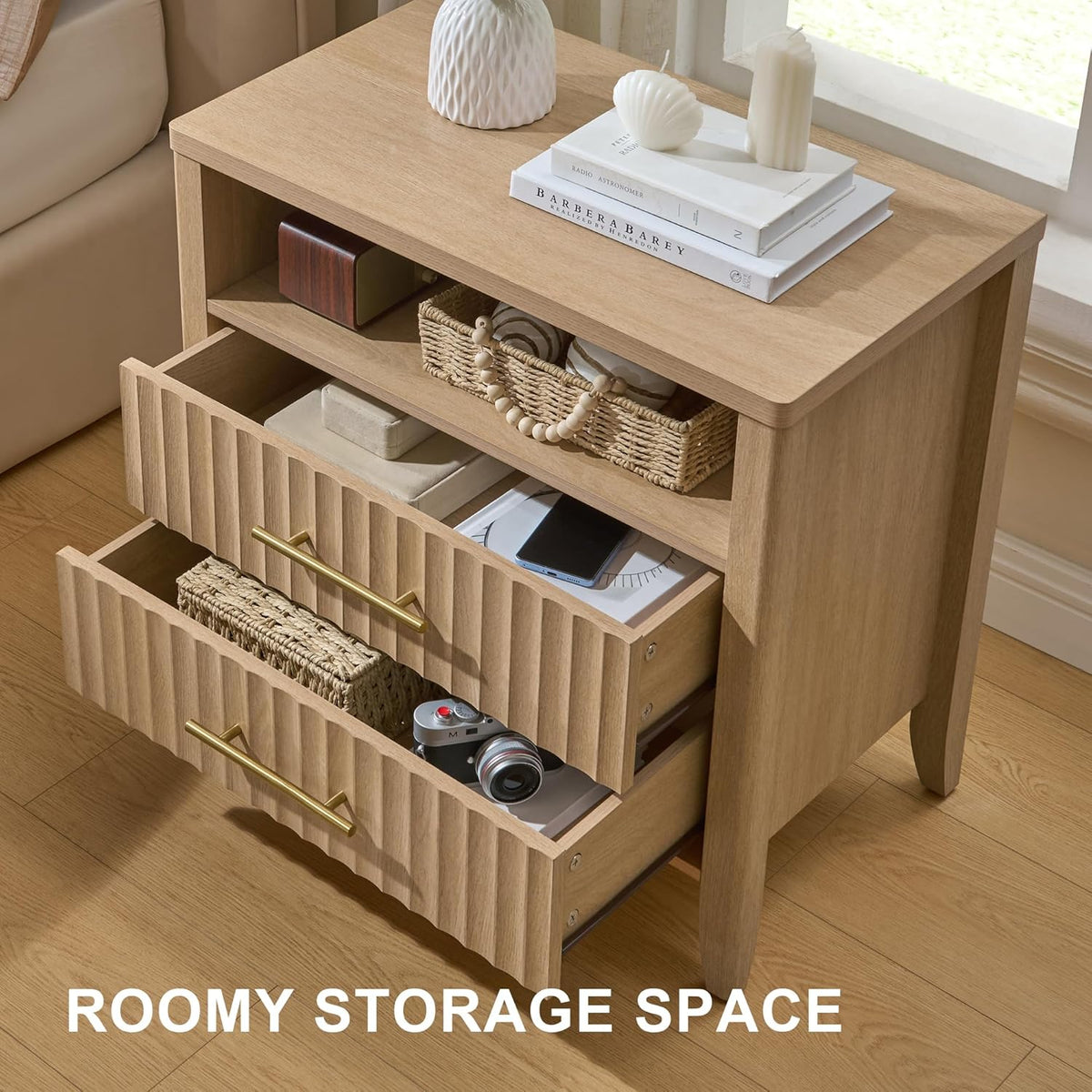 Fluted Nightstand with 2 Drawers, 27" Modern Nightstands Set of 2 with Storage, Large Queen Size Bed Side Table and End Table for Bedroom, Living Room, Office,(Natural Oak,2 Pieces)