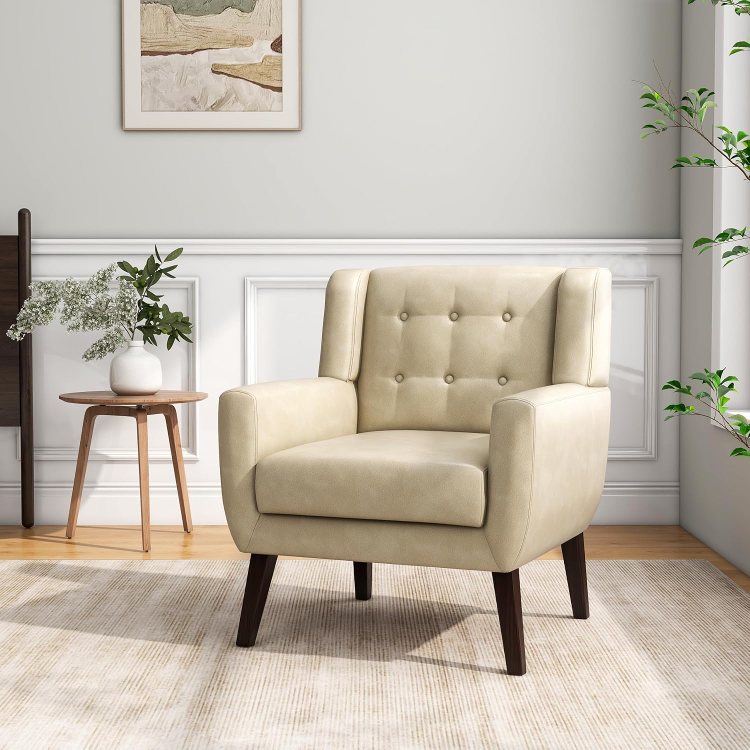 Accent Chair Set of 1, Mid-Century Modern PU Leather Chairs with Arms for Living Room, Comfy Upholstered Club Single Sofa Armchair for Bedroom Waiting Room with Solid Wood Frame, Leather Cream