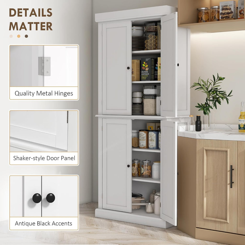 HOMCOM 72.5" Tall Kitchen Pantry Cabinet, Freestanding Modern Farmhouse Kitchen Storage Cabinet with 4 Doors and 2 Adjustable Shelves for Dining Room, White