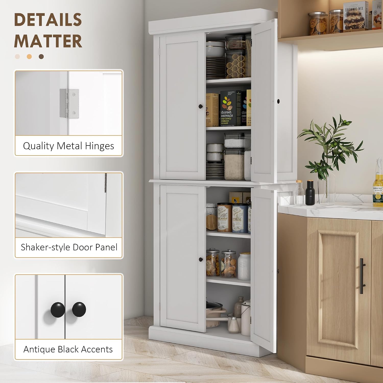 HOMCOM 72.5" Tall Kitchen Pantry Cabinet, Freestanding Modern Farmhouse Kitchen Storage Cabinet with 4 Doors and 2 Adjustable Shelves for Dining Room, White