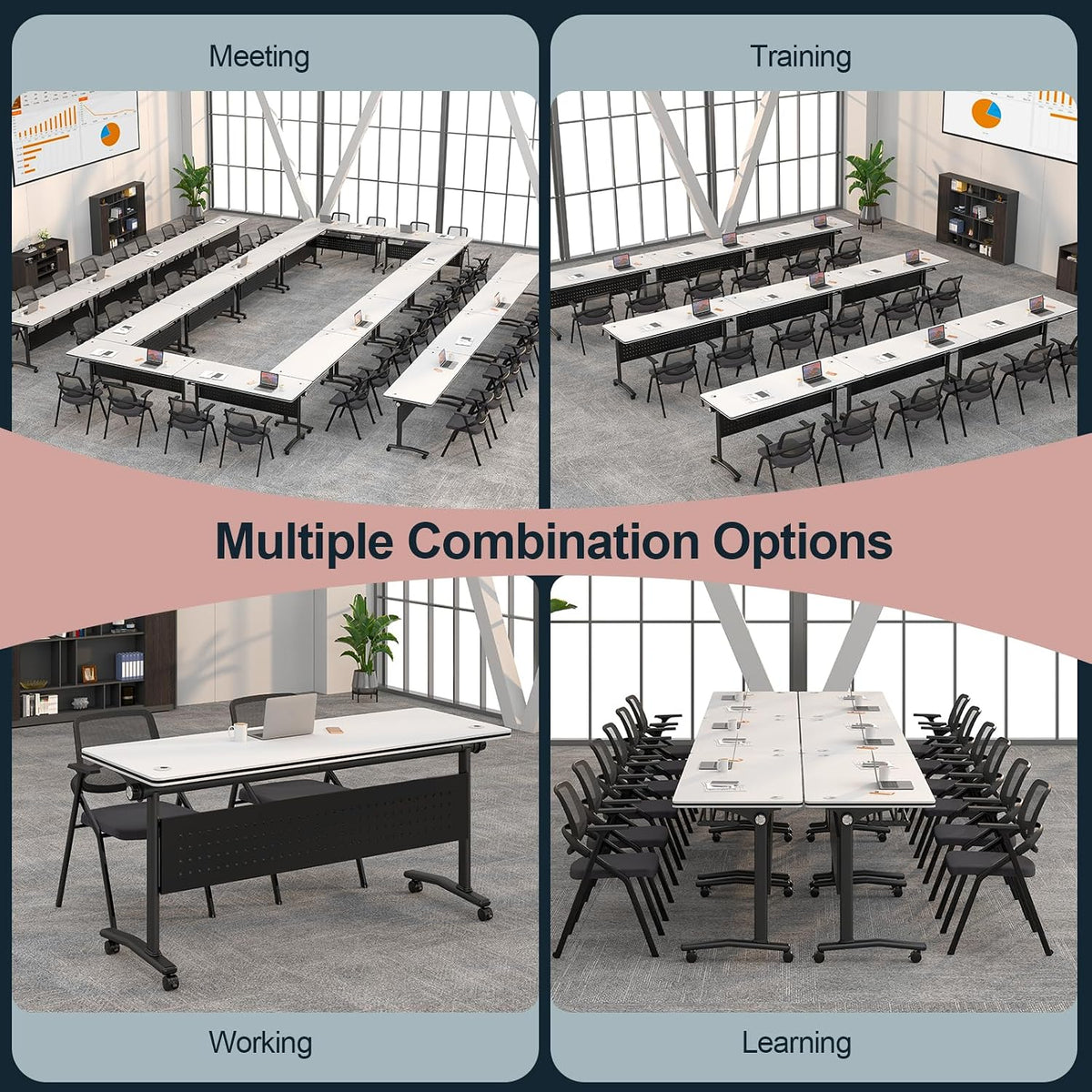 Conference Tables On Wheels,6 Pack Modular Folding Conference Room Table Mobile Meeting Training Table for Office,Modern Rolling Seminar Tables for School,Classroom(70.8" L * 23.6" W *29.5" H, 4)