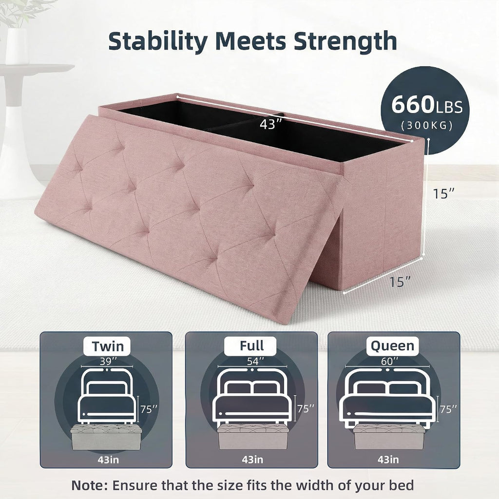 Foldable Storage Ottoman Bench, Storage Chest, End of Bed Foot Rest Stool with Padded Seat, 43 Inch Bedroom Bench for Living Room, Support 660lbs, Pink