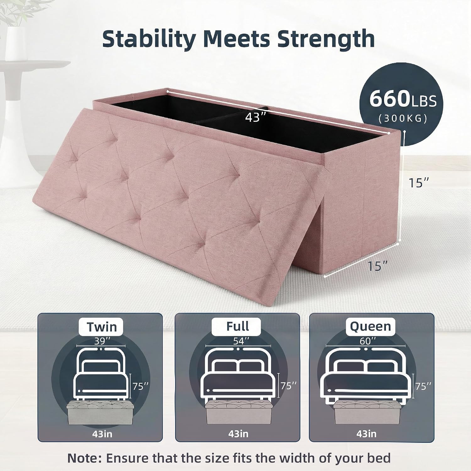 Foldable Storage Ottoman Bench, Storage Chest, End of Bed Foot Rest Stool with Padded Seat, 43 Inch Bedroom Bench for Living Room, Support 660lbs, Pink