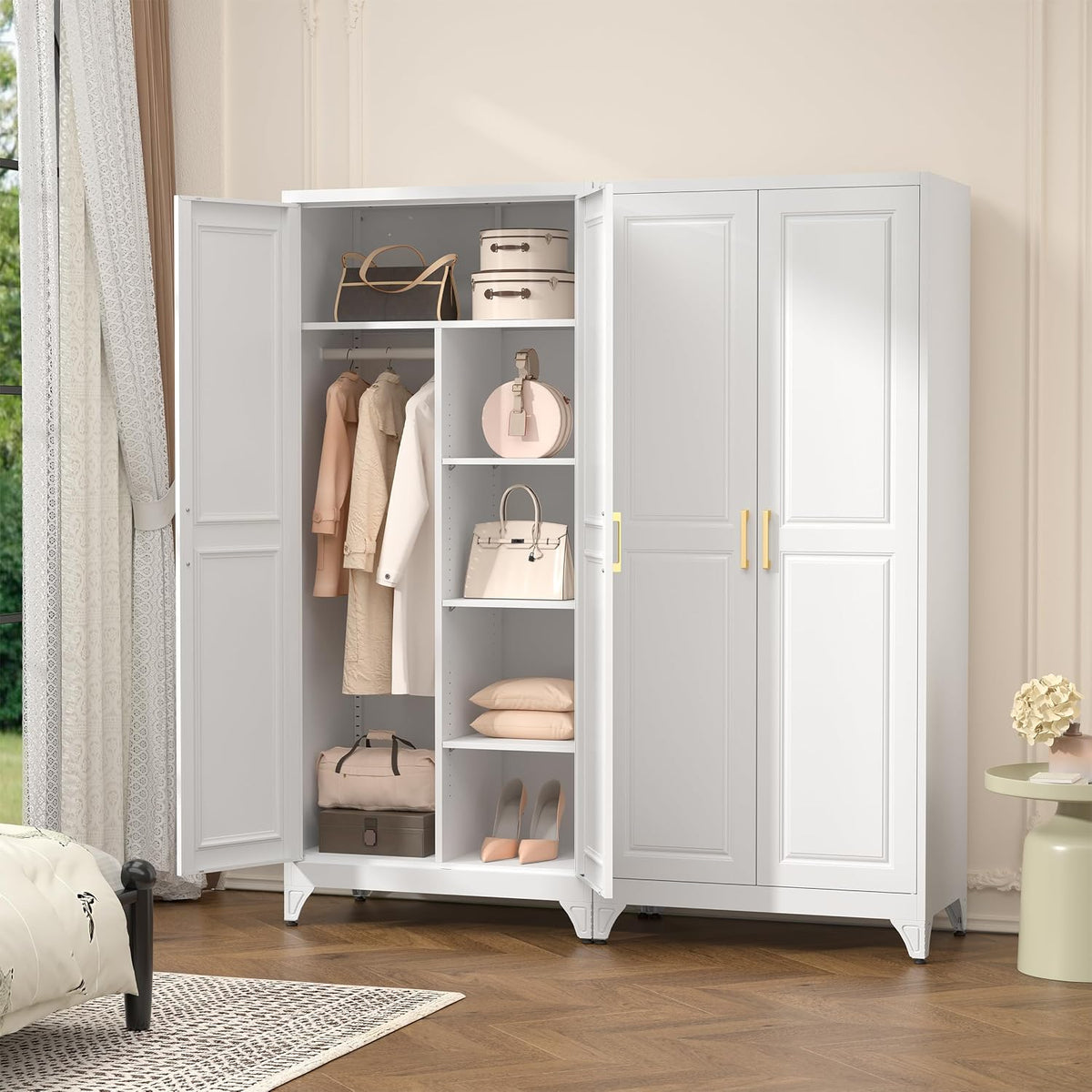 Polup Metal Armoire Wardrobe Closet, 71" Tall Wardrobe Cabinet with 2 Doors | Heavy Duty Steel Clothing Storage Cabinet with Hanging Rod & 3 Adjustable Shelves for Bedroom, Office, Broom Closet, White