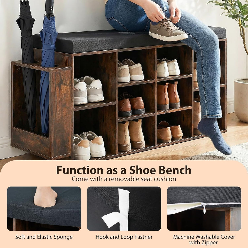 Tangkula Shoe Storage Bench with Umbrella Holder, 40" Shoe Organizer with Cushioned Seat, 10 Cubbies & Adjustable Shelves, Wooden Industrial Shoe Rack for Entryway, Living Room, Bedroom (Rustic Brown)
