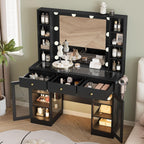 Wodeer Makeup Vanity Desk with Mirror and Lights, Black Vanity with Glass Top, LED Lights & Power Outlet, 3 Drawers & 2 RGB Glass Cabinets, Adjustable Lighted Dressing Table for Women & Girls Bedroom