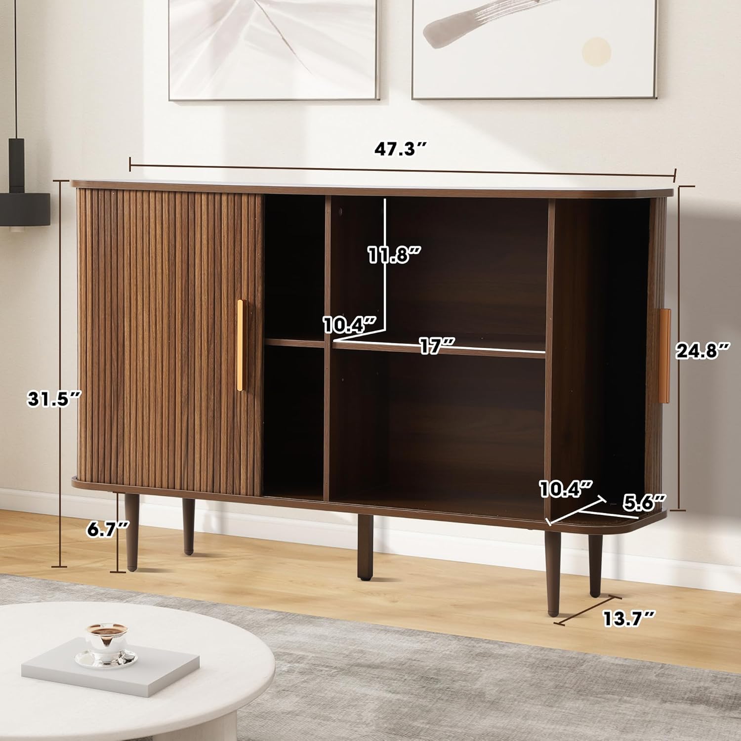 47" Fluted Buffet Cabinet with Tambour Sliding Doors, Modern Sideboard Buffer Cabinets with Storage & Adjustable Shelves, Mid Century Credenza Accent Cabinet for Living Room Entryway (Brown)