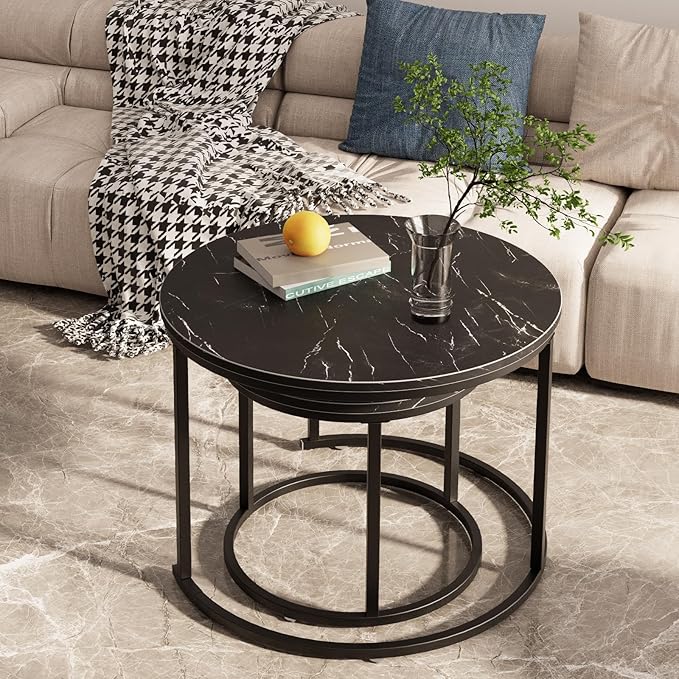 aboxoo Round Nesting Coffee Table Side Set of 2 End Tables for Living Room Bedroom Balcony,Black Faux Marble Wooden Table 23.6IN Accent Large Coffee Table with Steel Frame
