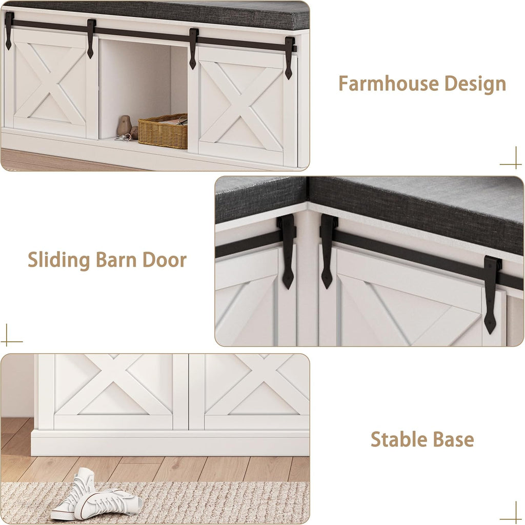 L Shaped Corner Bench with Storage, Farmhouse Breakfast Nook with Cushion & Sliding Barn Door, Entryway Shoe Storage Bench, Kitchen, Dining Room, Living Room, White & Grey