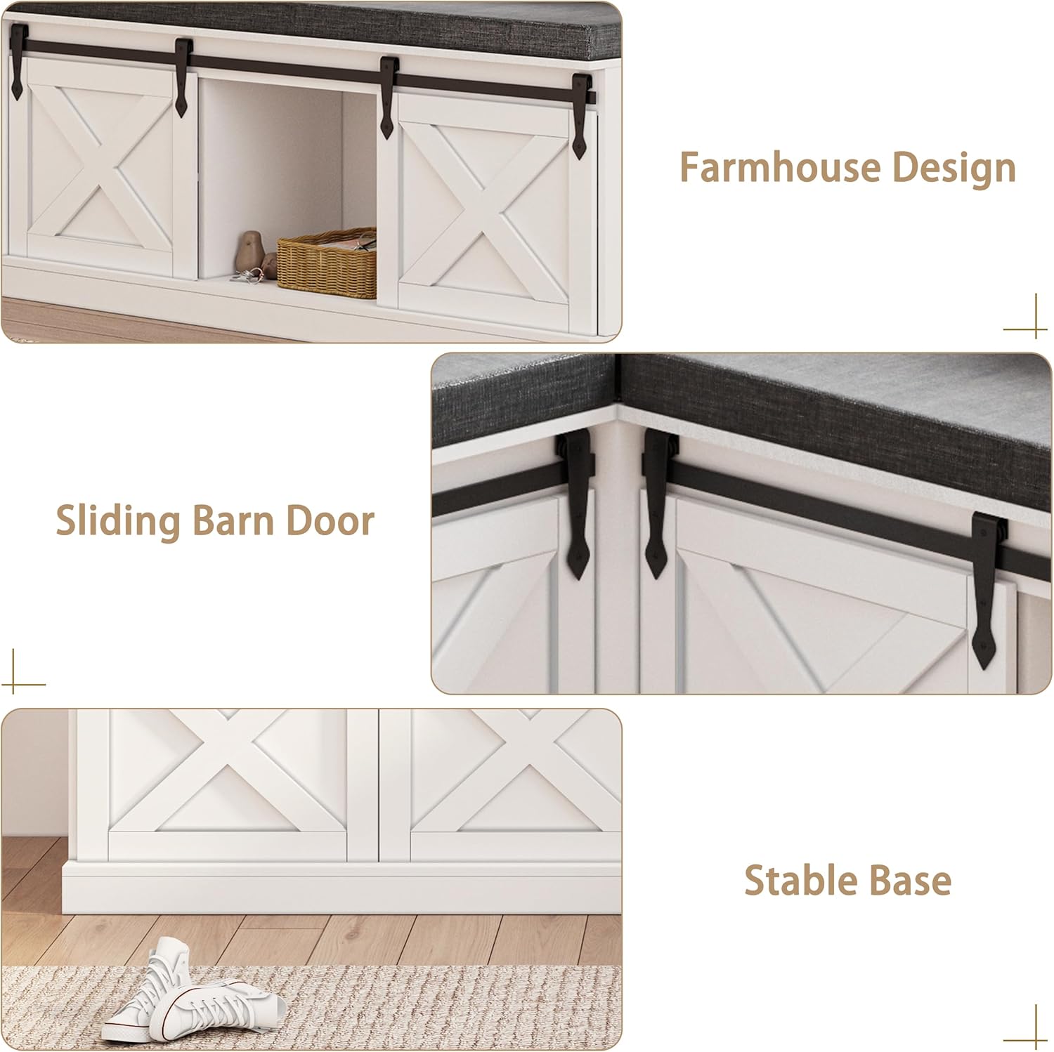 L Shaped Corner Bench with Storage, Farmhouse Breakfast Nook with Cushion & Sliding Barn Door, Entryway Shoe Storage Bench, Kitchen, Dining Room, Living Room, White & Grey