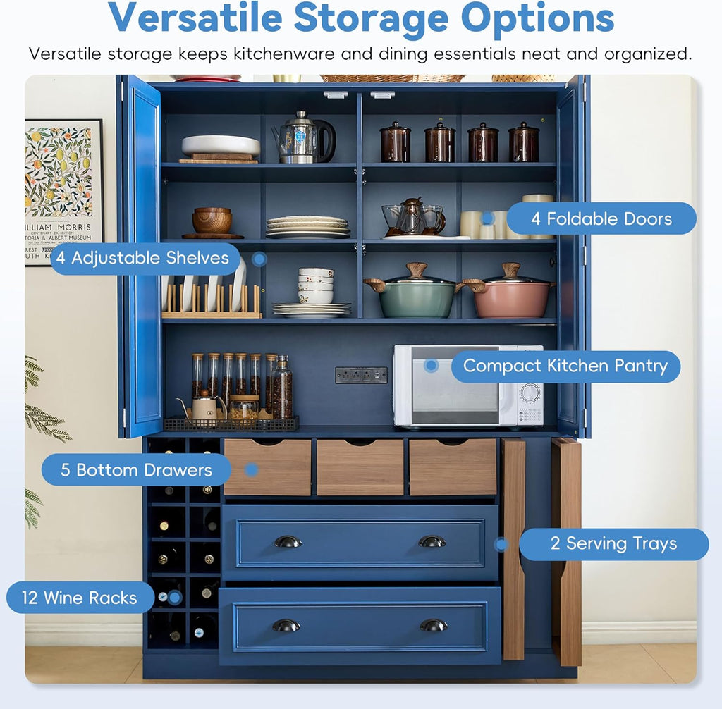 VilroCaz Farmhouse 71''H Wood Large Kitchen Pantry, 53.2''Lx17.7''W Dining Storage Cabinet Cupboard with 4 Foldable Doors, Power Outlet, Shelves, Wine Racks and Serving Trays (Blue-4 Fold)