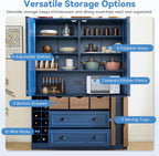 VilroCaz Farmhouse 71''H Wood Large Kitchen Pantry, 53.2''Lx17.7''W Dining Storage Cabinet Cupboard with 4 Foldable Doors, Power Outlet, Shelves, Wine Racks and Serving Trays (Blue-4 Fold)