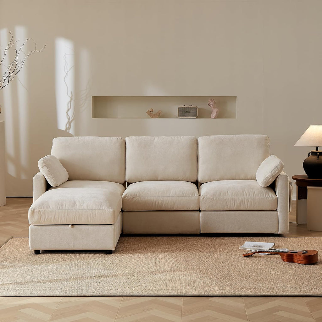 Modular Sectional Couch Chenille Fabric Upholstery Washable Sofa with Side Pocket No Tool Assembly Cloud Seating Comfort Couches for Livingroom Apartment - Beige 3 Seater with Ottoman 94"